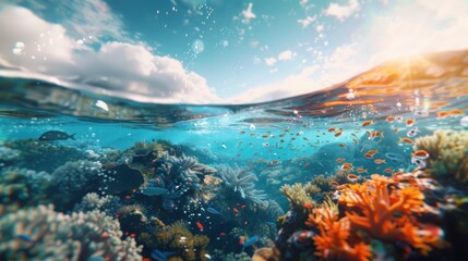 Vibrant underwater exploration of colorful coral reefs and marine life in crystal clear waters