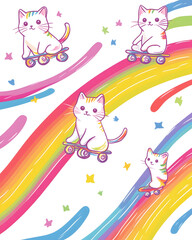 Naklejka premium Whimsical and playful illustrations of cats in various humorous scenarios, featuring vibrant doodle art