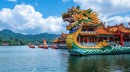 Obraz premium Dragon Boat Festival Majestic dragon boat on tranquil lake with traditional asian architecture and mountainous scenery