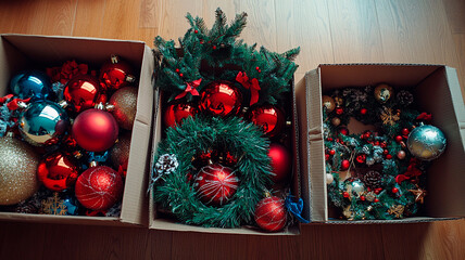 An overhead shot of three cardboard boxes filled with Christmas decorations, including ornaments and wreaths, on the floor at home.	