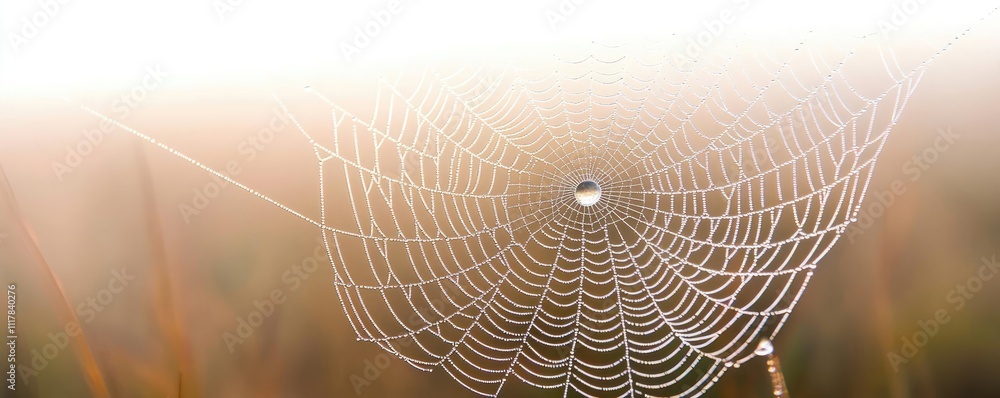 Aufkleber close-up of a spider web with a dew drop, white isolate background