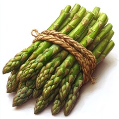 A bundle of fresh asparagus tied with rope, showcasing its vibrant green color.