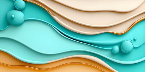 A vibrant abstract design featuring flowing waves of teal, cream, and orange, interspersed with smooth, bubble-like forms.