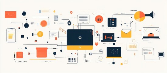 Abstract illustration of a computer connected to multiple devices, data, and graphics, representing digital networking and communication.