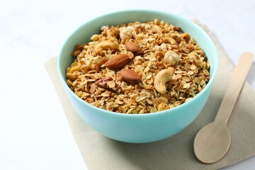 Delicious granola on a light background