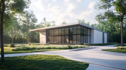 Fototapeta premium Modern architectural design featuring large glass windows in a serene landscape.