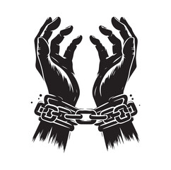Obraz premium A pair of hands chained to a chain and a text words freedom. silhouette vector illustration.