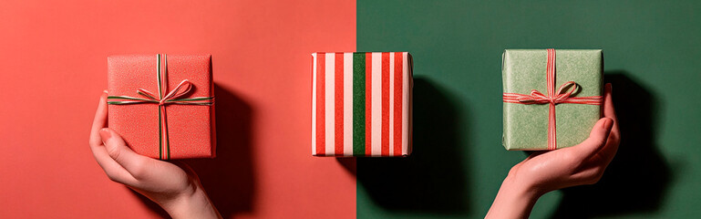 A hand holding wrapped gifts in striped red and green paper, against a solid color background, photorealistic, studio photography, stock photo.	