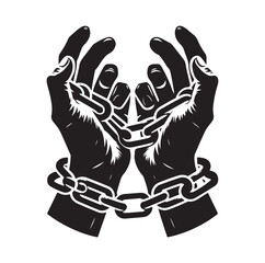 Obraz premium A pair of hands chained to a chain and a text words freedom. silhouette vector illustration.
