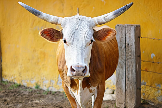 Cachena cow in a rustic farm setting with a vibrant yellow wall in the background