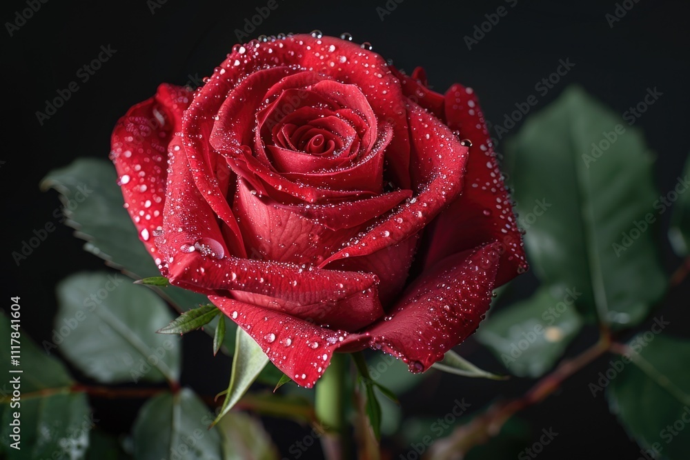 Poster a close-up of a red rose with water droplets glistening on its petals, perfect for use in editorial 