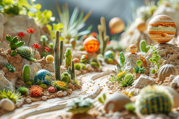 Miniature solar system planets surrounded by vibrant vegetation and desert like terrain