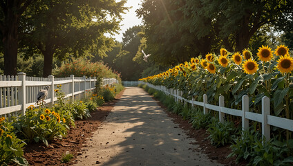 Obraz premium A paved path lined with sunflowers and a white picket 