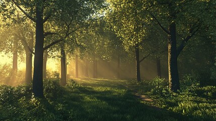 Tranquil Sunny Morning in a Lush Forest Scene with Gentle Light