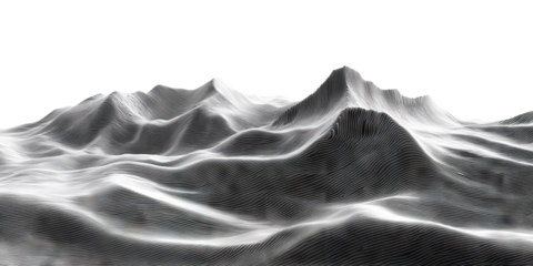 Digital topographic style waves resembling mountain peaks, isolated on transparent cutout background