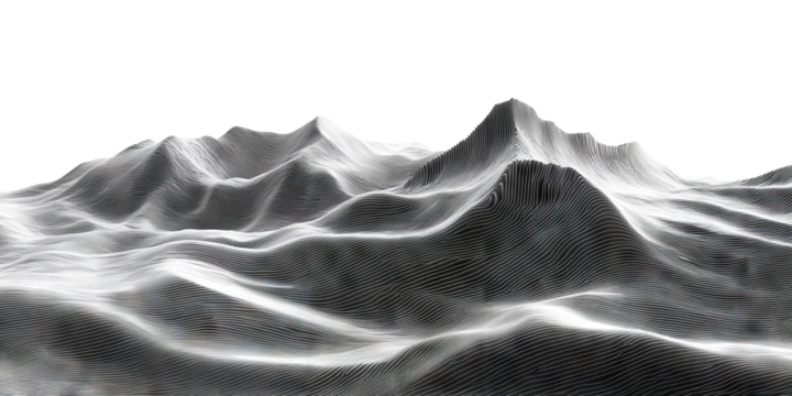 Digital topographic style waves resembling mountain peaks, isolated on transparent cutout background