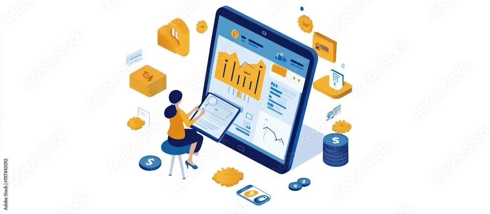 Poster businesswoman working on a tablet computer with charts and graphs on the screen surrounded by busine
