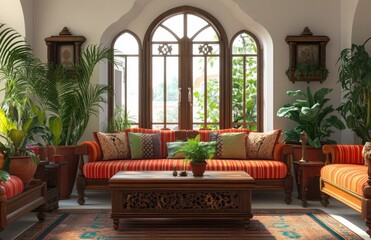 Sunlit living room with ornate furniture, plants, and rugs.