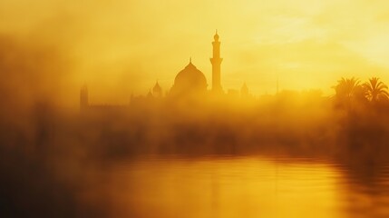 Naklejka premium Misty sunset silhouette of a mosque by water.