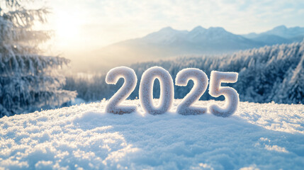 Snow number 2025 on snowy meadow on winter sunny day day