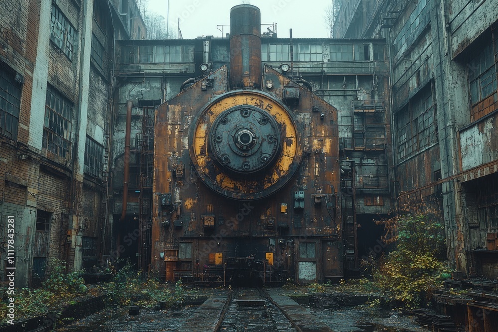 Poster A train engine parked inside a large building, suitable for use in infrastructure or transportation related projects