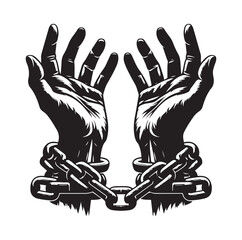 Obraz premium A pair of hands chained to a chain and a text words freedom. silhouette vector illustration.