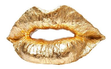Glossy gold lips, isolated on transparent cutout background