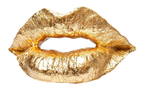 Glossy gold lips, isolated on transparent cutout background