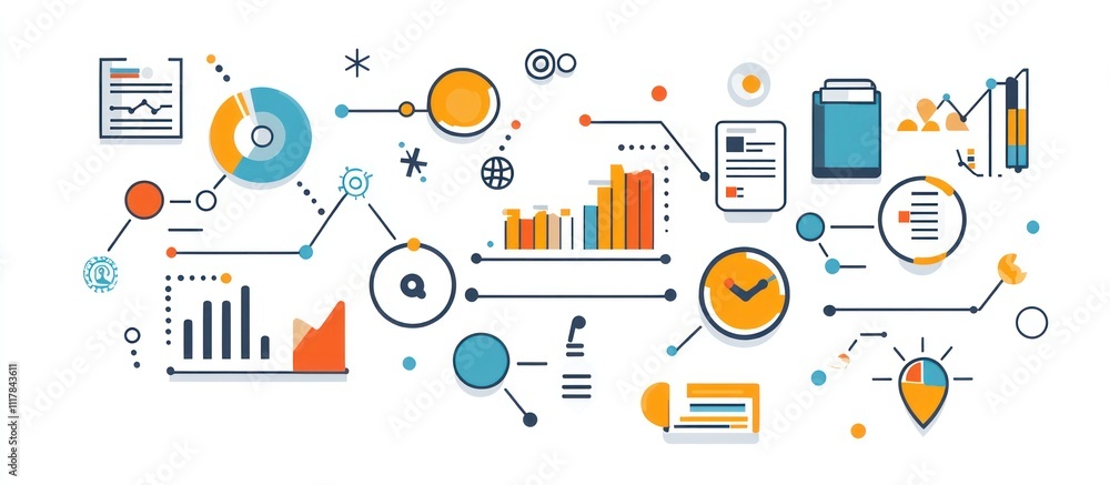 Poster abstract illustration of various data analysis elements including charts, graphs, documents and a ma