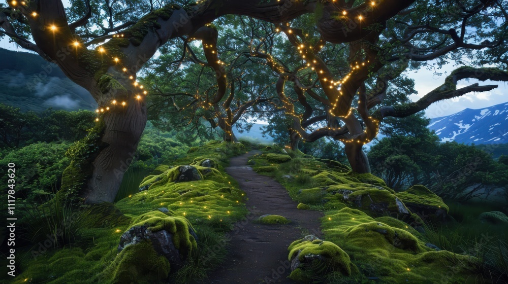 Poster exploring a magical forest path illuminated by fireflies ancient trees and soft moss in an enchantin