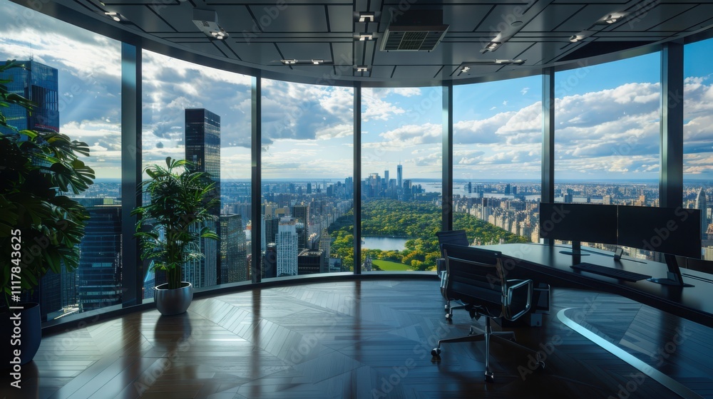 Poster elevating productivity a skyscraper workspace with advanced tech and stunning city views for profess