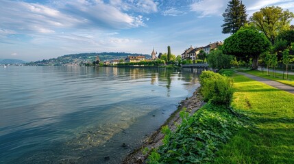 Fototapeta premium A serene view of the Lake Murten, with its calm waters, lush green banks, and the charming town of Murten