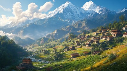 Fototapeta premium A serene mountainous landscape with quaint villages and lush greenery under a clear sky.