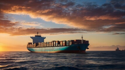 Large Cargo Ship Transporting Containers Across the Ocean on a Cloudy Day