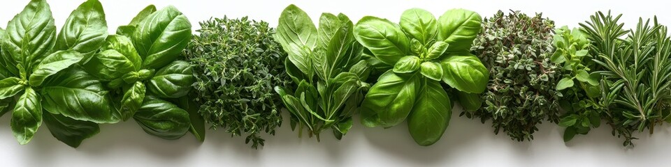 Fototapeta premium Fresh Culinary Herbs Basil, Thyme, Rosemary, and Oregano Sprigs - Vibrant Green Aromatic Plants on White Background