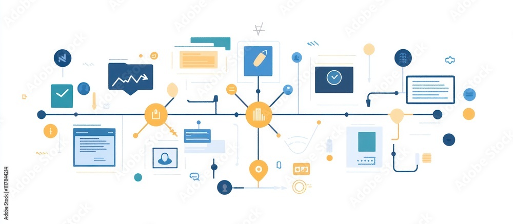 Poster abstract illustration of a digital network with various icons representing different aspects of digi