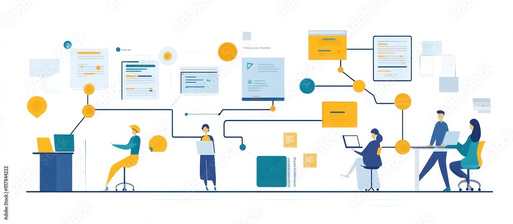 Poster a group of people working together on a project. there are various documents and diagrams spread out