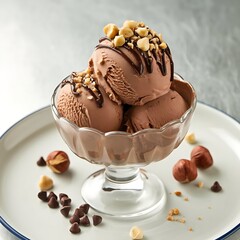 Chocolate hazelnut ice cream scoops with crunchy nut toppings, served in glass bowl with decadent drizzle on rustic backdrop