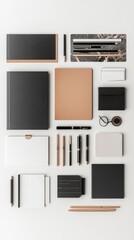 Minimalist Workspace: A flat lay showcasing a minimalist workspace with sleek black stationery, notebooks, and a touch of rose gold, creating a clean and organized aesthetic. 