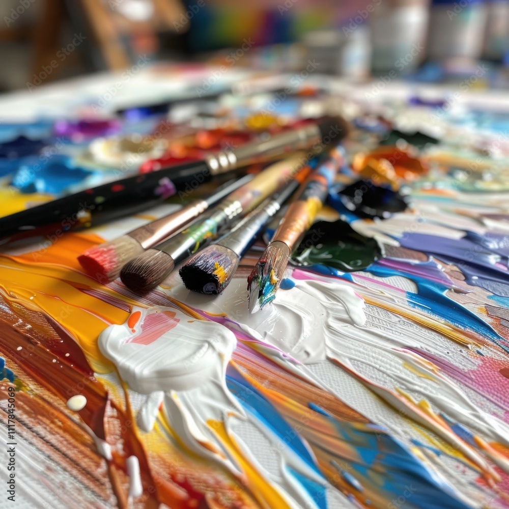 Poster creating vibrant art close-up of an artist's palette and brushes on canvas with abstract strokes awa
