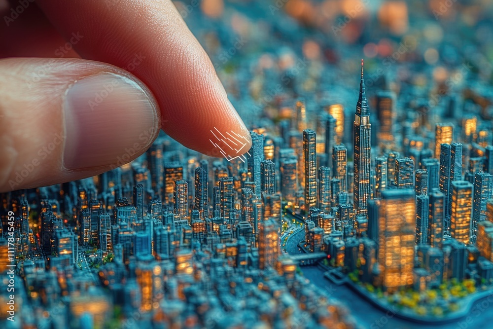 Poster a small scale cityscape with a finger placed on top, suitable for use in illustrations about archite
