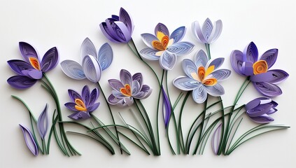 Naklejka premium A paper quilling art of crocuses in various shades of purple and blue, with long green leaves, set against an isolated white background.