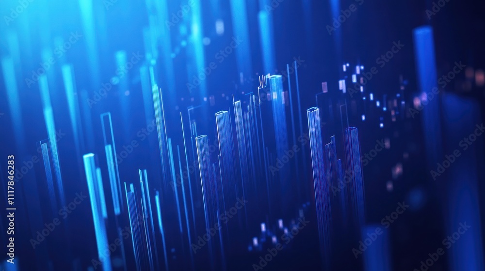 Poster abstract blue digital data streams and glowing particles.