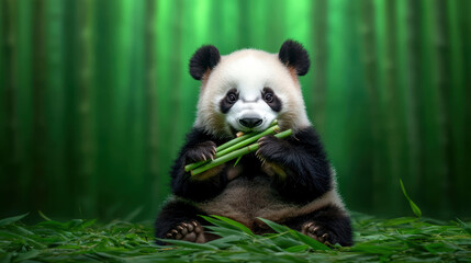 Obraz premium panda sitting in bamboo forest, munching on bamboo shoots, exuding playful charm