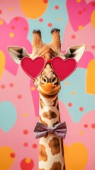 Obraz premium Giraffe in Love: A playful giraffe wearing heart-shaped sunglasses and a sparkly bow tie strikes a charming pose against a backdrop of vibrant pink and blue hearts.