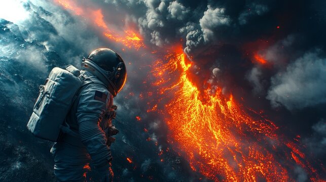 Astronaut watches volcanic eruption from orbit with fiery lava and smoke