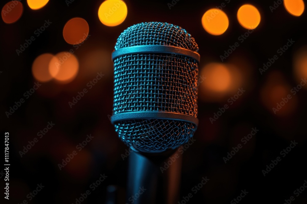 Poster a microphone with a blurred background of colorful lights, ideal for music or event themes