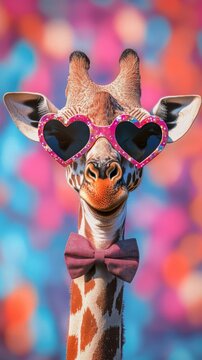 Cool Giraffe: A giraffe with a playful personality, rocking heart-shaped sunglasses and a stylish bowtie, against a vibrant colorful background.