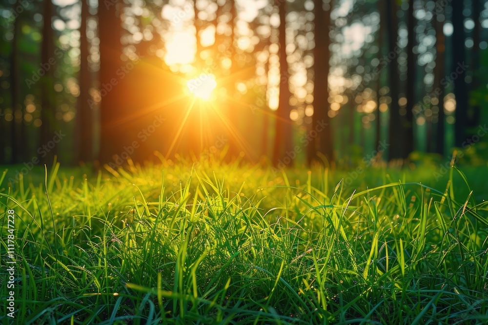 Poster a serene image of sunlight filtering through the treetops in a forest, great for nature-inspired des