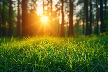 Fototapeta premium A serene image of sunlight filtering through the treetops in a forest, great for nature-inspired designs